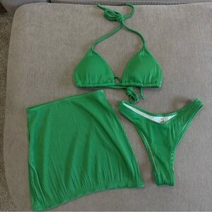 Green Ribbed 3 Piece Bikini Set